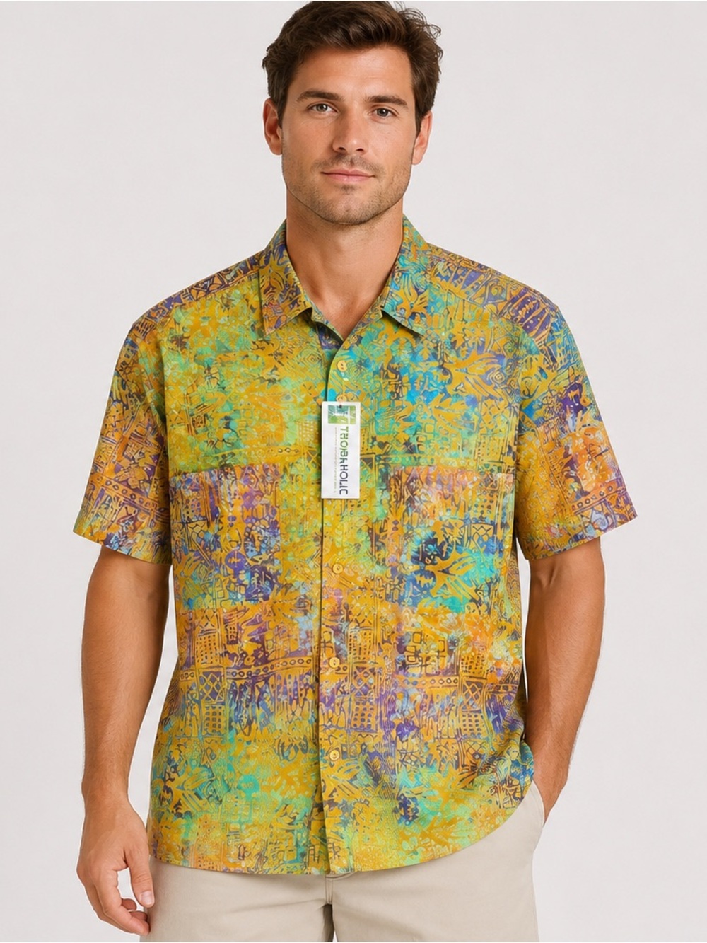 Rum Reggae Hawaiian Batik Camp Shirt "Mozambique" Saffron/Turq. Size Large NWT - Picture 16 of 16